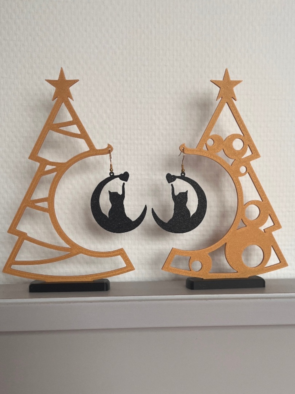 Handcrafted Black Cat Moon Earrings